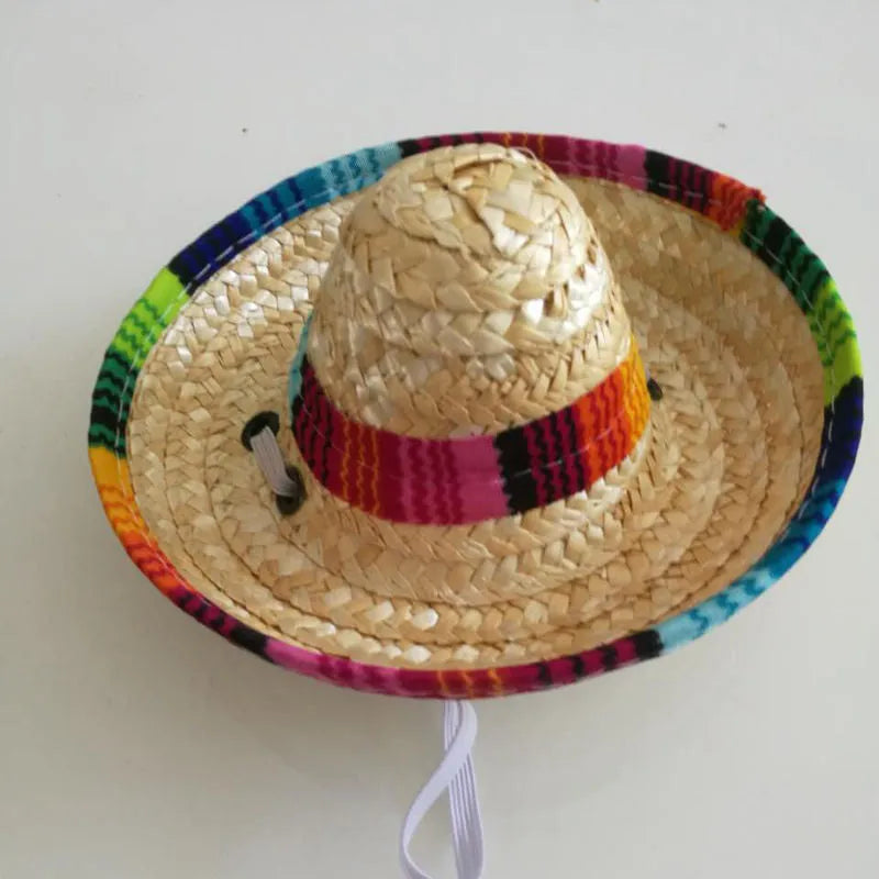 Mini straw woven pet hat for dogs and cats, Mexican-style pattern, one size 16 cm diameter, photo colour.