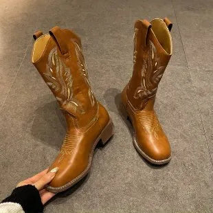Brown women's mid-calf embroidered Martin boots with a round toe and low square heel