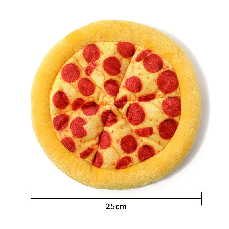 Yellow pizza slice shaped dog chew toy with teddy bear fabric and squeaker for small dogs