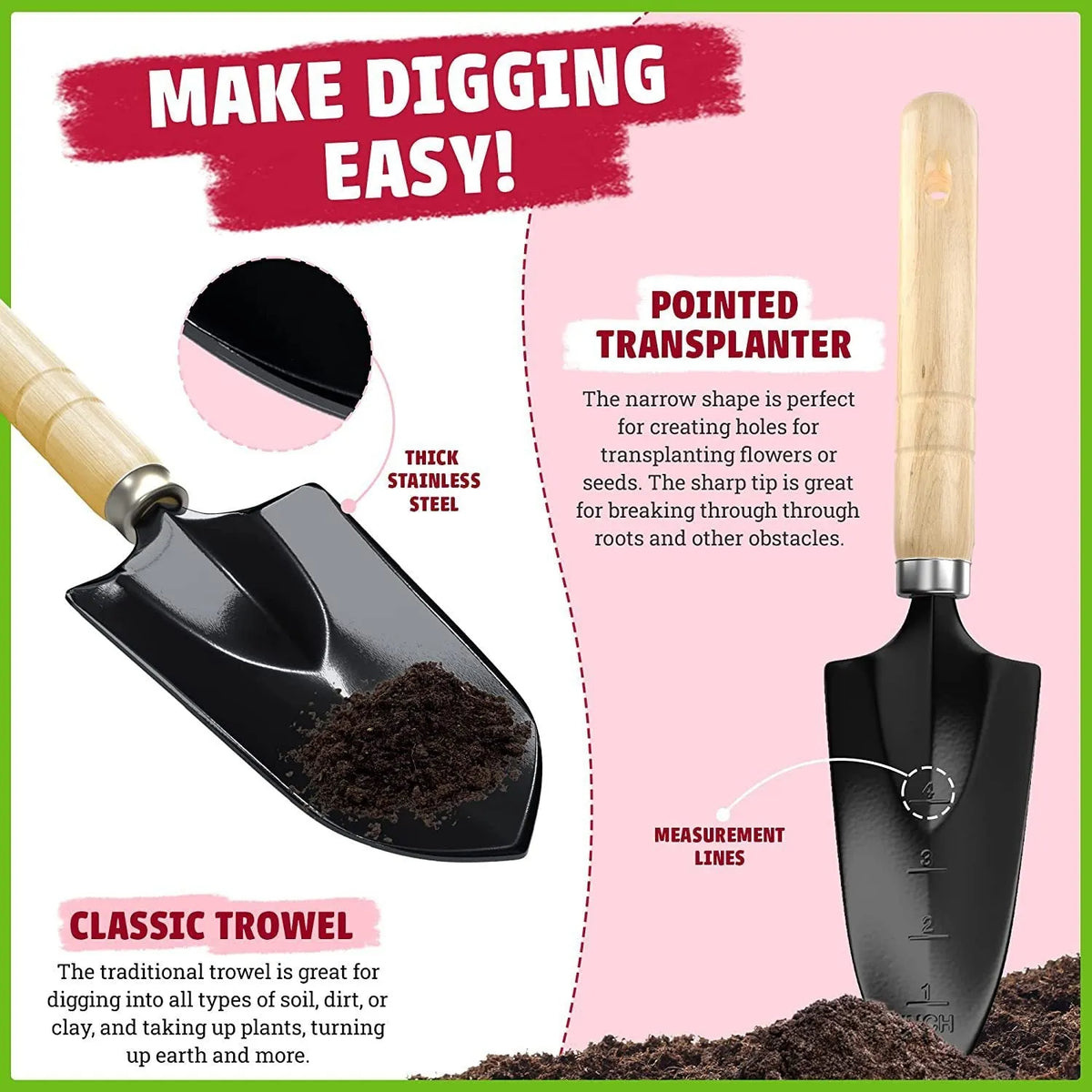 Stainless steel gardening tools set comprising 8 pieces for various garden maintenance tasks