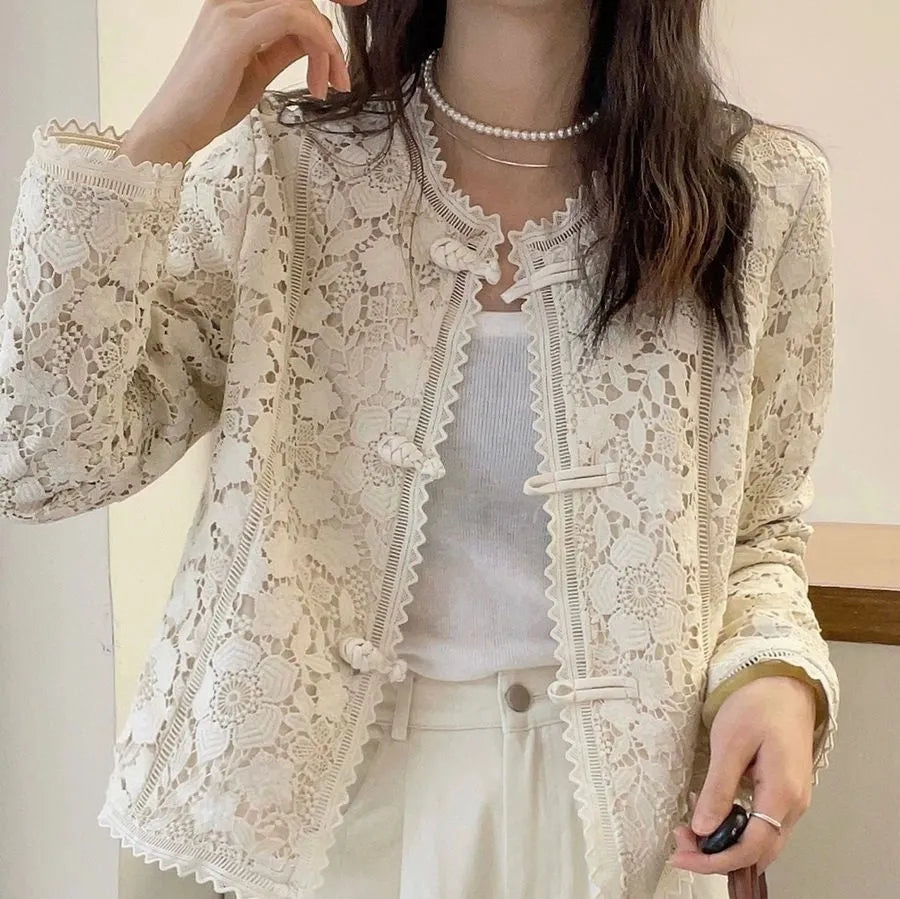 Women's apricot Chinese lace crocheted short coat with long sleeves and slim fit, sizes M to 3XL
