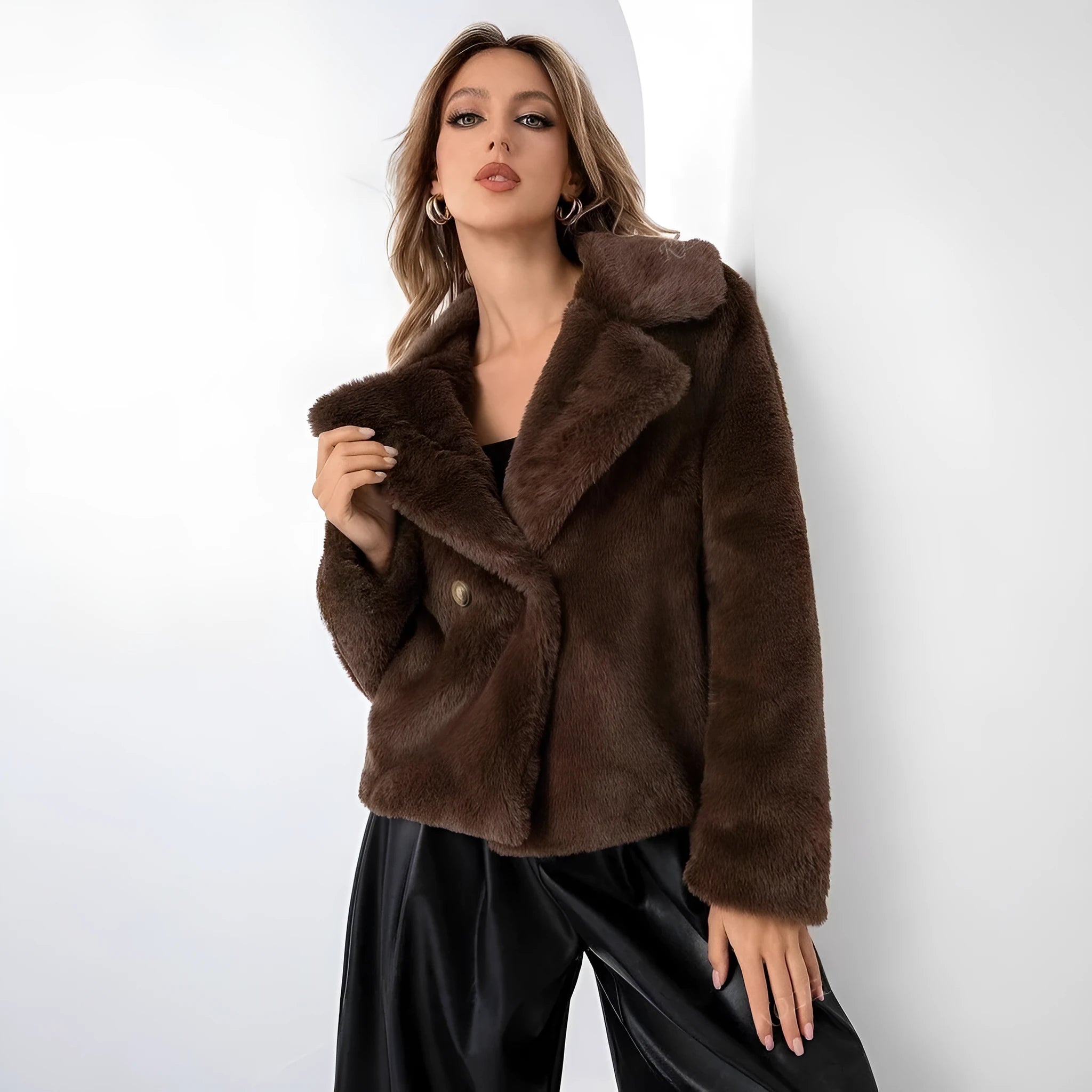 Women's loose short faux fur coat in rose red, shown with regular sleeves and a length of 50cm.