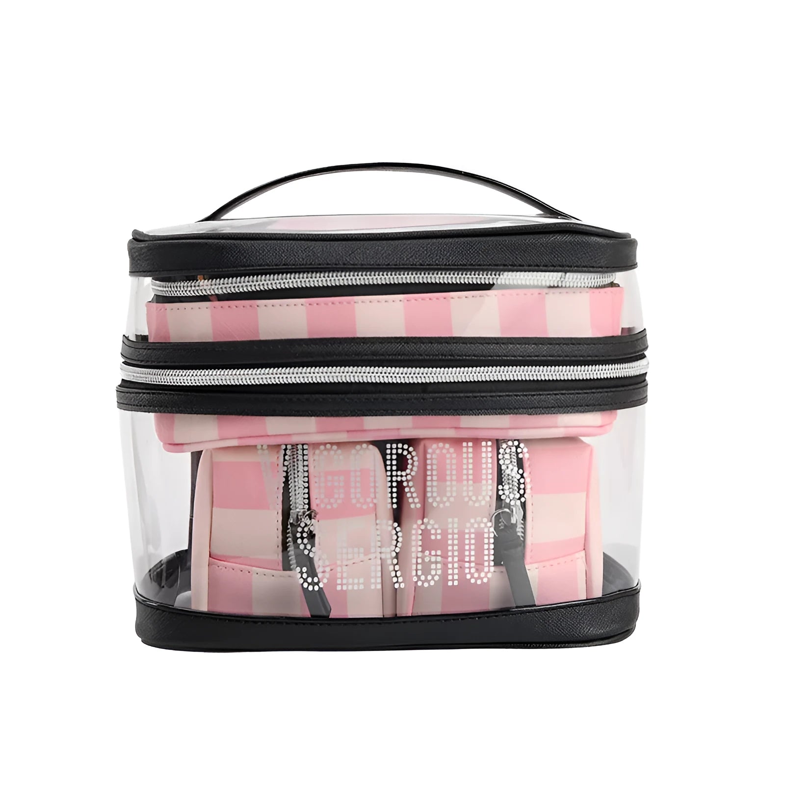 Pink bold stripes buggy bag makeup kit with flower pattern and folding design