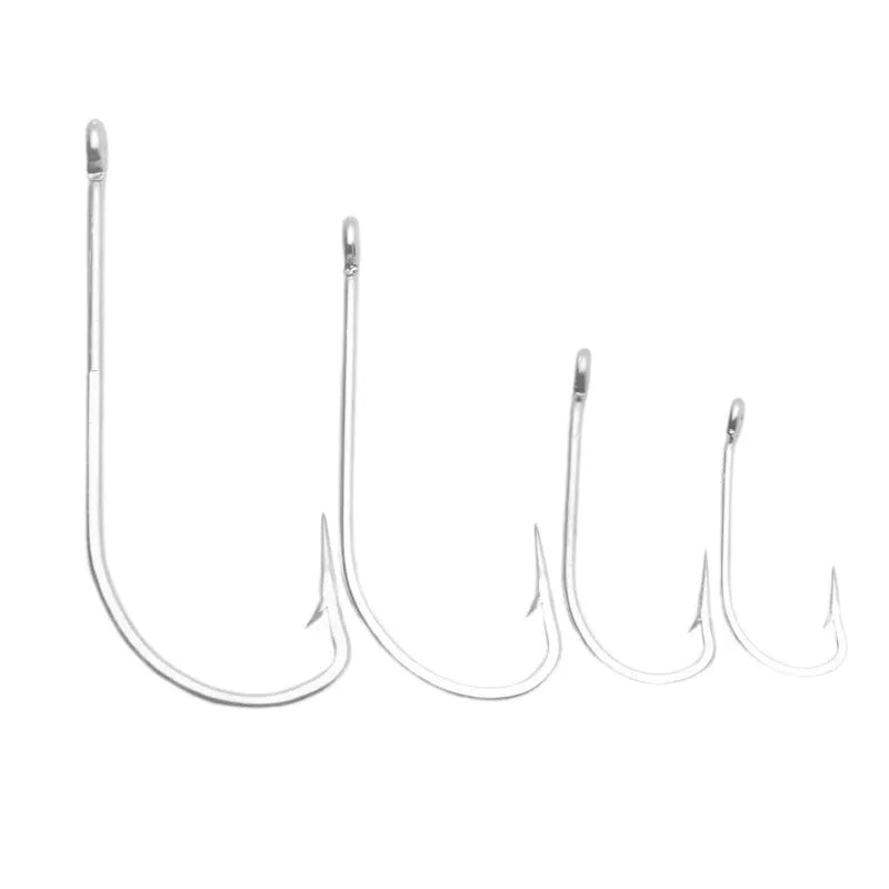 Set of stainless steel alloy sea fishing hooks showing multiple hook style specifications for ocean boat fishing