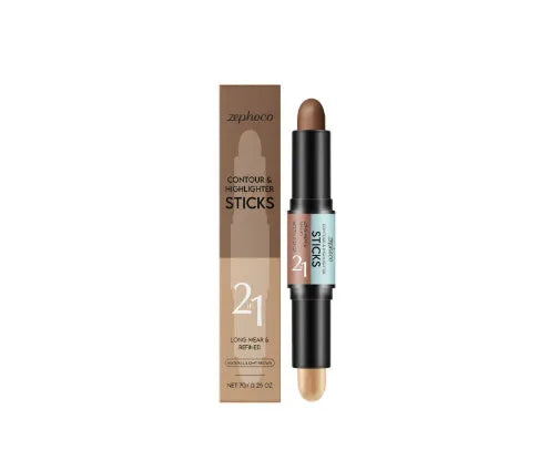 2-in-1 highlighter and concealer makeup stick in a compact, portable size.