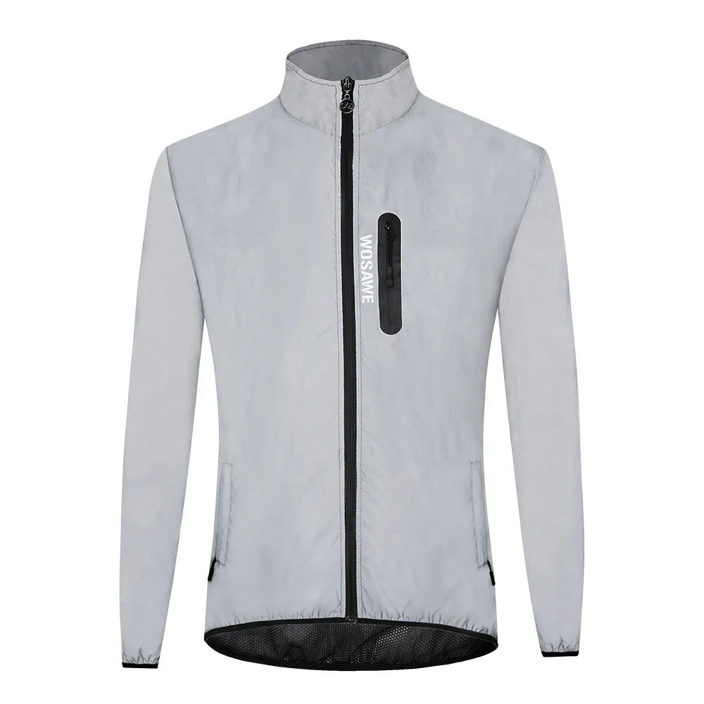 Silver waterproof polyester long sleeve top for men on a hanger.