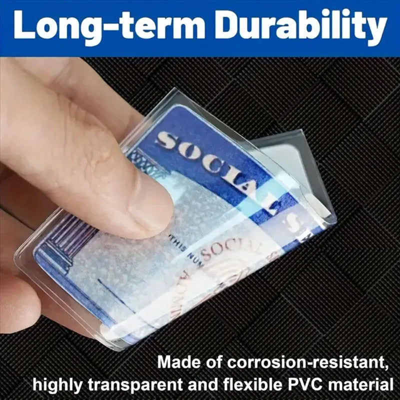 Transparent PVC waterproof cover for a social security card, showing dimensions of 9.7 by 5.9 centimetres.