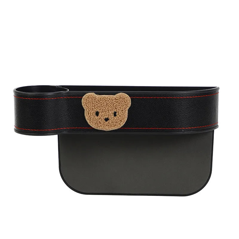 Leather car seat gap storage box with cartoon bear design in black and rice bear colours.