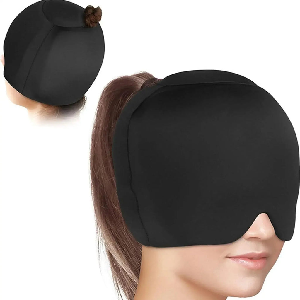 Simple solid colour cold compress cap with fully enclosed design in black, pink, or dark blue.