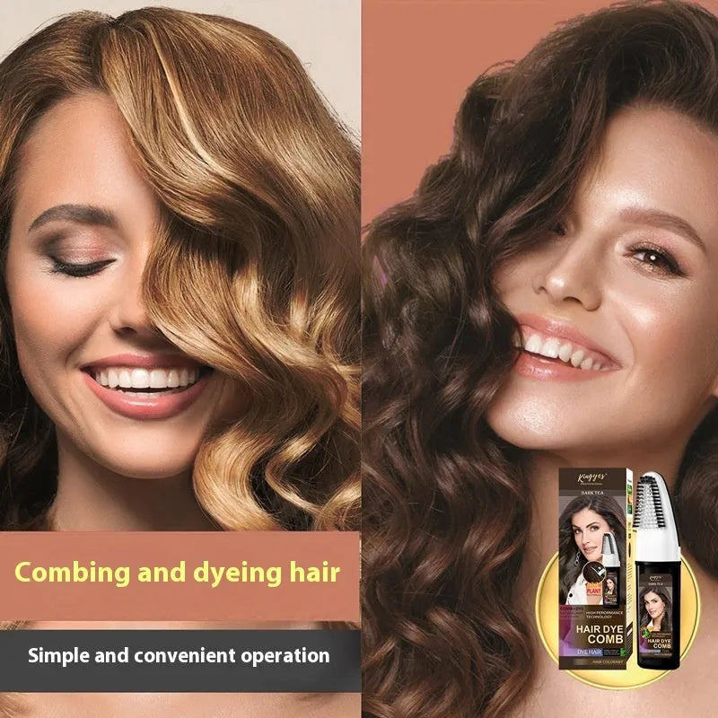 Hair dye kit showing three 200ml tubes in brown, wine red, and dark brown shades with comb applicator