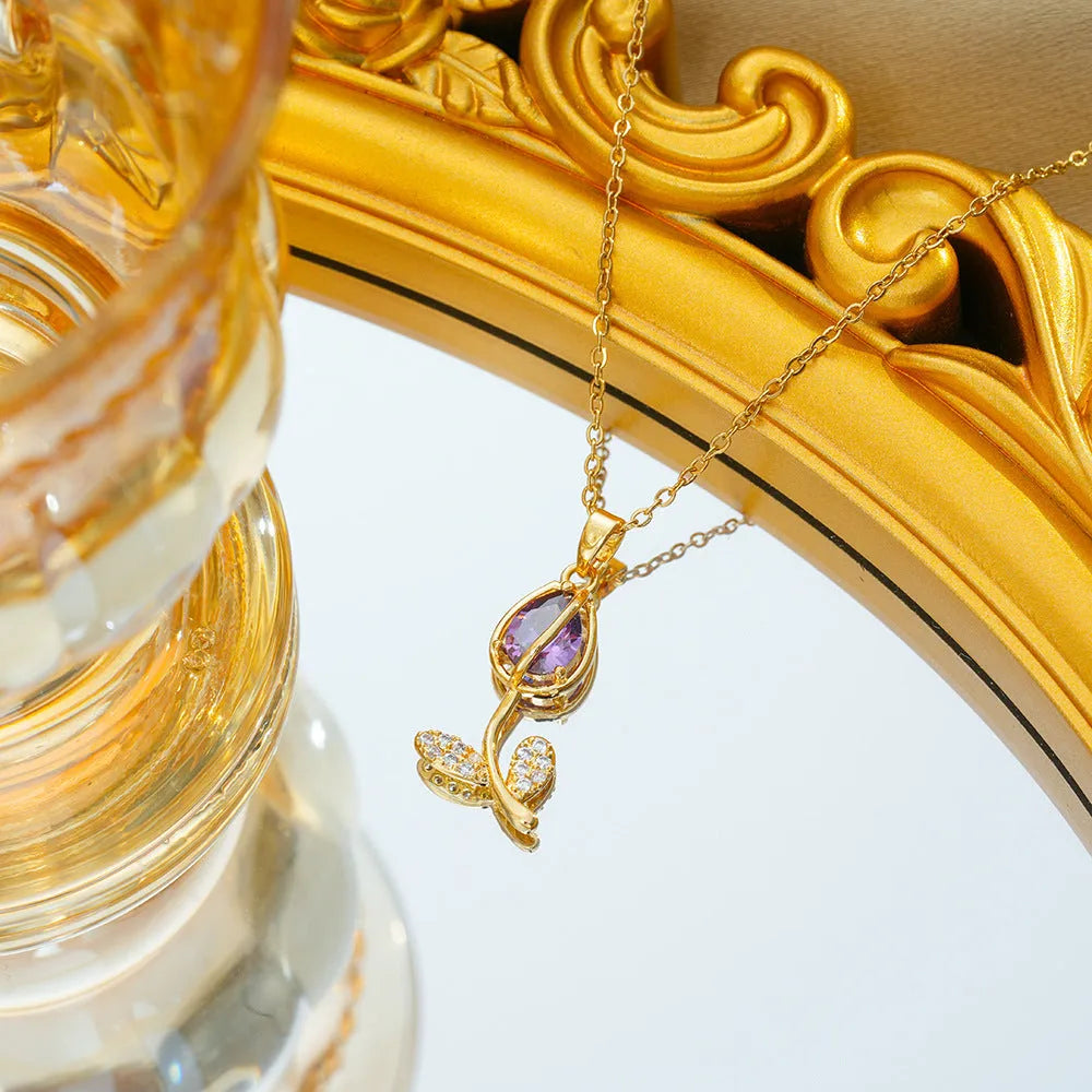 Women's zircon tulip necklace with electroplated finish on adjustable titanium steel chain showing floral pendant