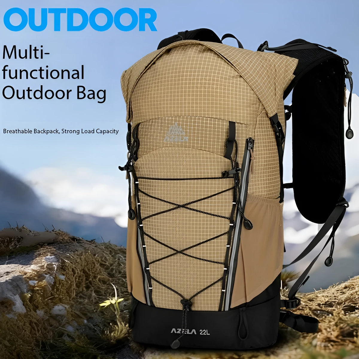 AZELA 22L outdoor hiking backpack in black with grid pattern and ergonomic design, lightweight trekking daypack for camping and travel.