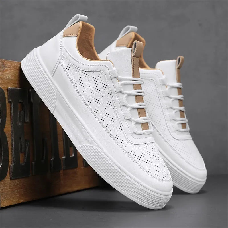Thick bottom board shoes in white, lace-up low-top casual sneaker with round toe and flat heel, sizes 39-46.