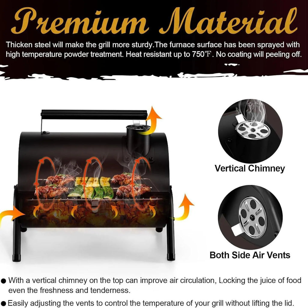 Small folding desktop charcoal barbecue grill with smoking device on a table.