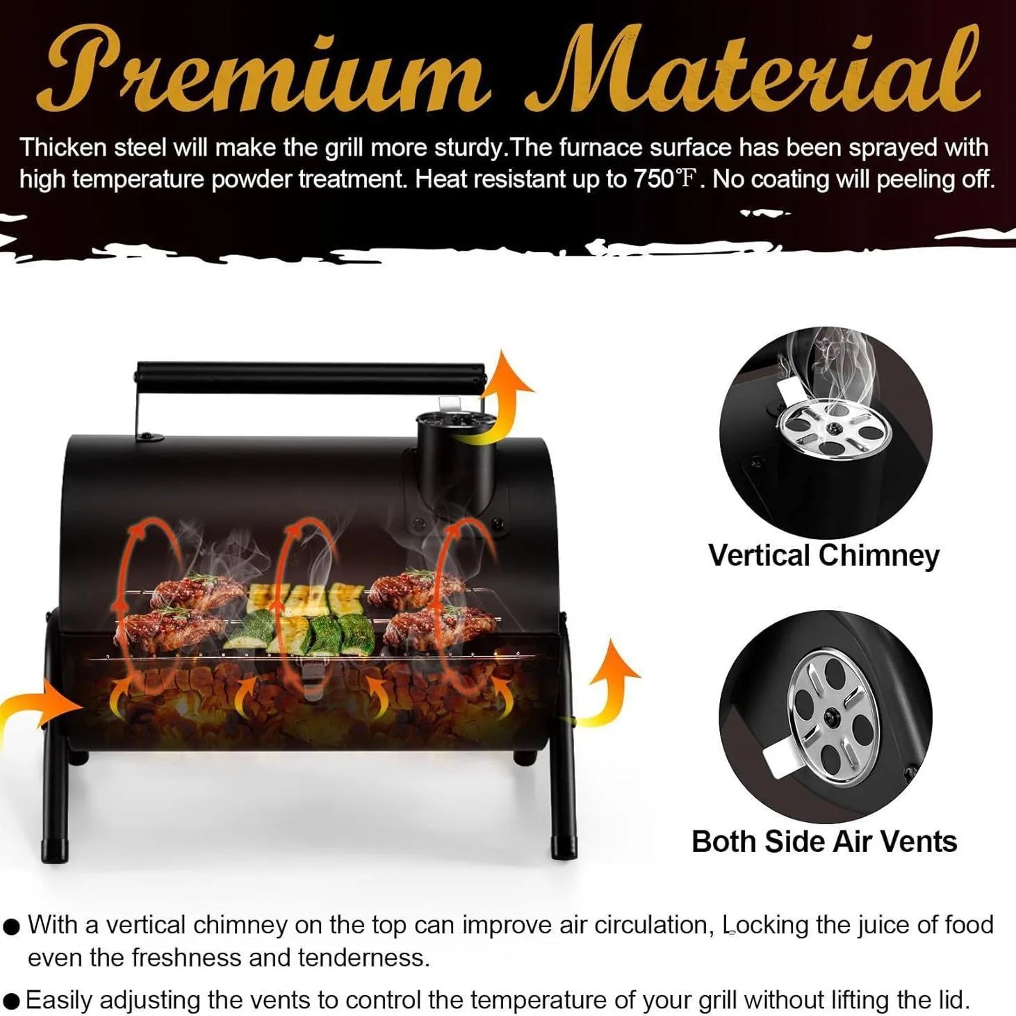 Small folding desktop charcoal barbecue grill with smoking device on a table.