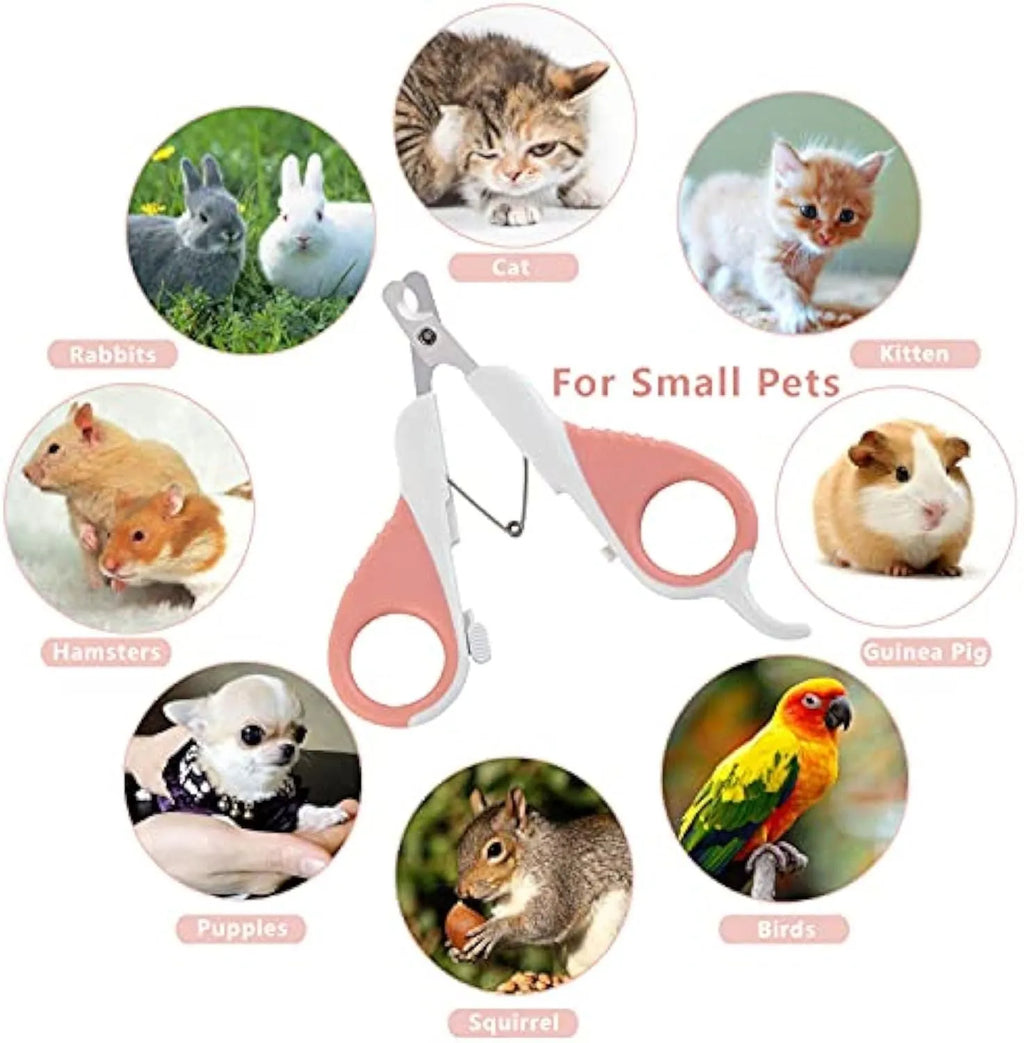 Grey and pink cat nail clippers with angled blade and safety guard for small pets.