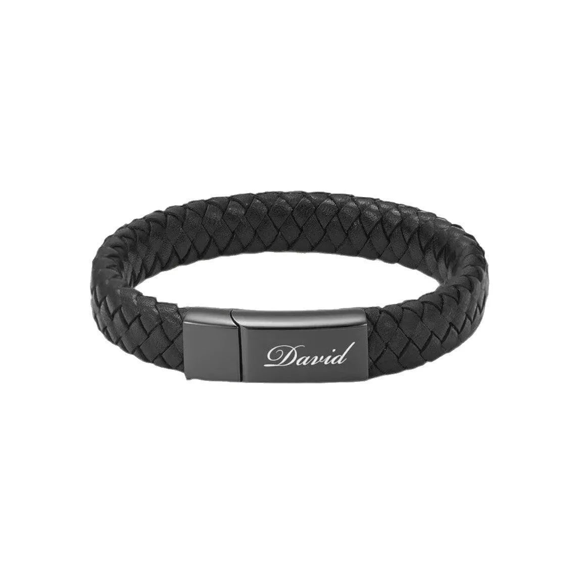Black leather and stainless steel woven memorial bracelet with personalised lettering