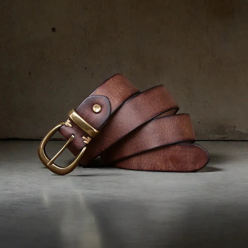 Men's casual leather belt in cattlehide with copper buckle shown in black, brown, and khaki colours