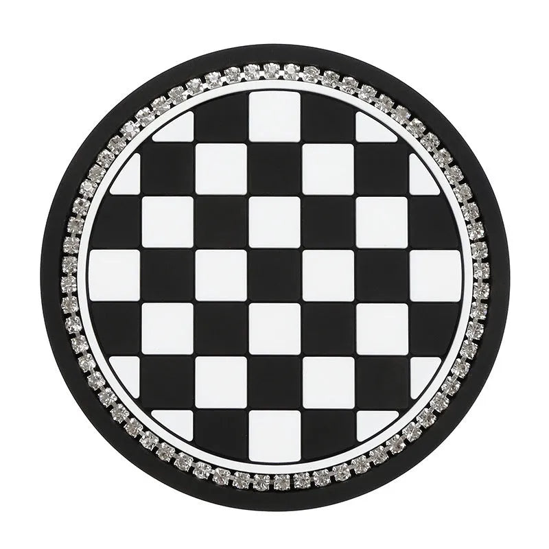 Plastic universal car cup holder mat in a black and white checkerboard pattern