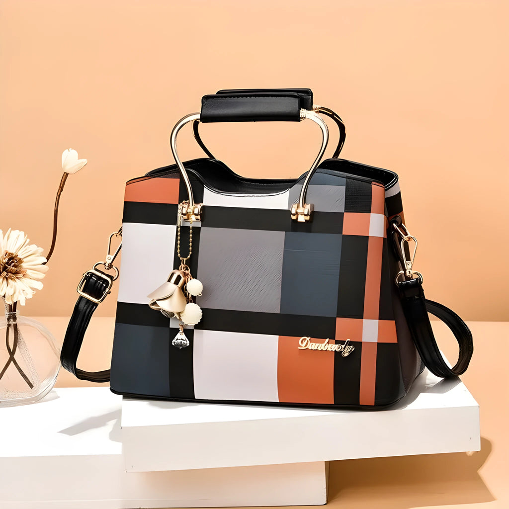 Large capacity women's PU handbag with double joint straps, zip compartments and three-dimensional outer pocket