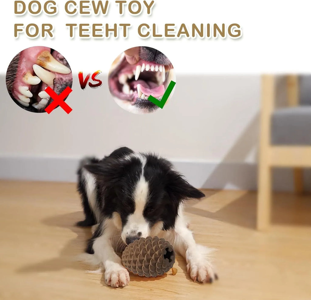 Yellow pine cone shaped natural rubber dog chew toy with treat dispenser