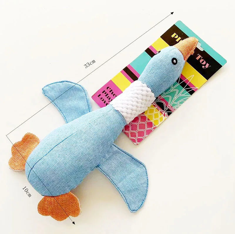 Blue duck-shaped plush dog toy with two squeakers measuring 33cm long