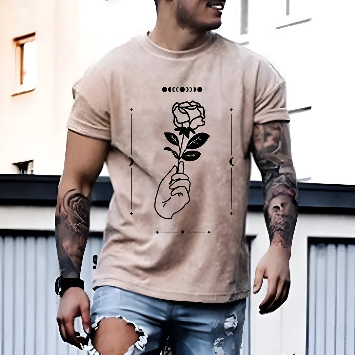 Plus size men's rose print t-shirt, cotton crew neck, loose fit, green or apricot, sizes S to 3XL