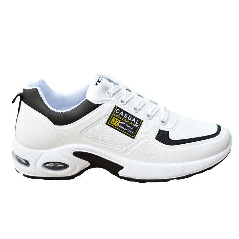 Waterproof synthetic leather casual running shoes with platform sole, lace-up, round toe, available in black breathable or white four seasons