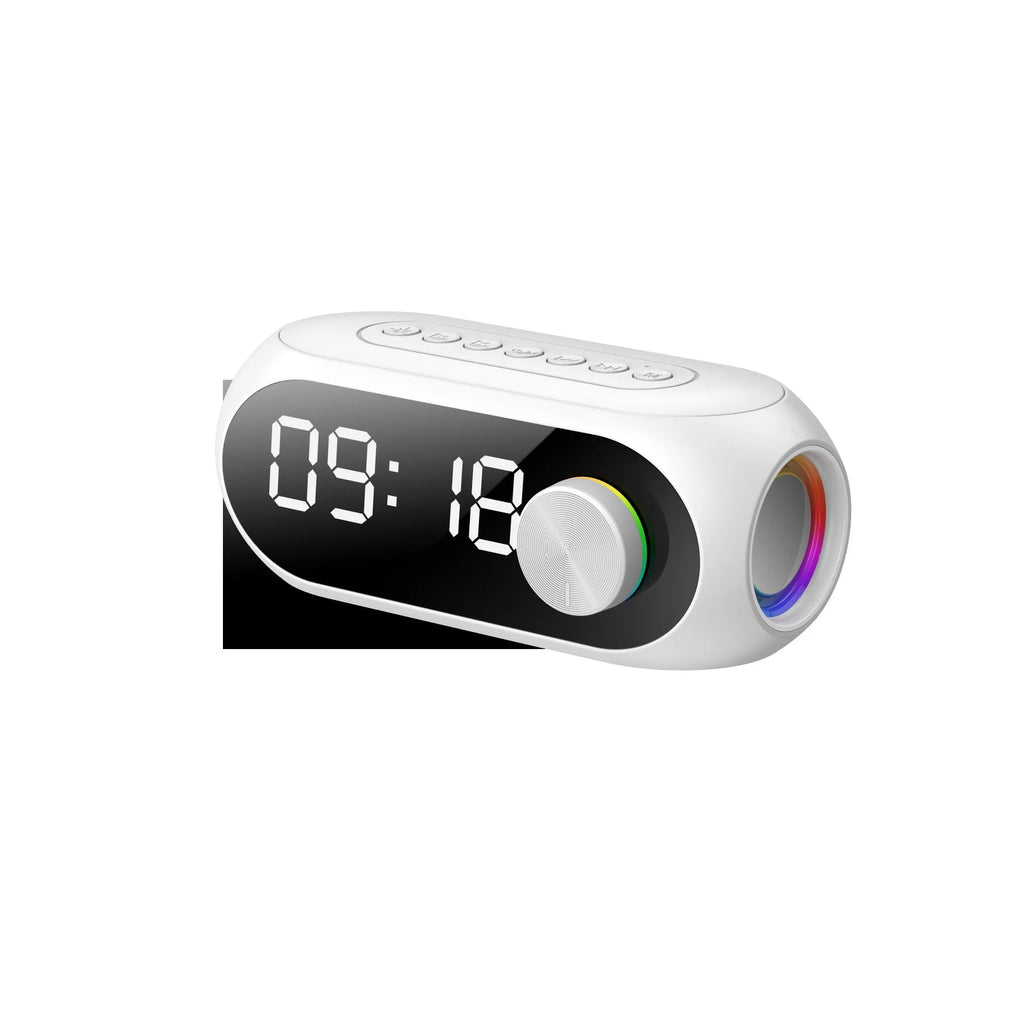 Extra Bass Portable Mini Clock Speaker S8 in Black, White, and Blue with USB cable