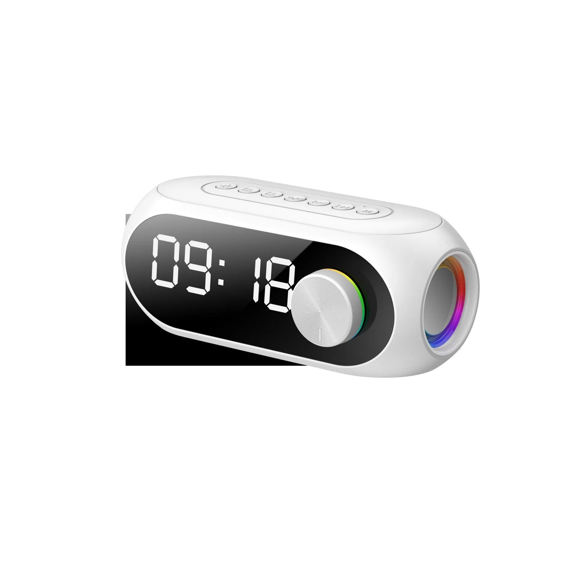 Extra Bass Portable Mini Clock Speaker S8 in Black, White, and Blue with USB cable