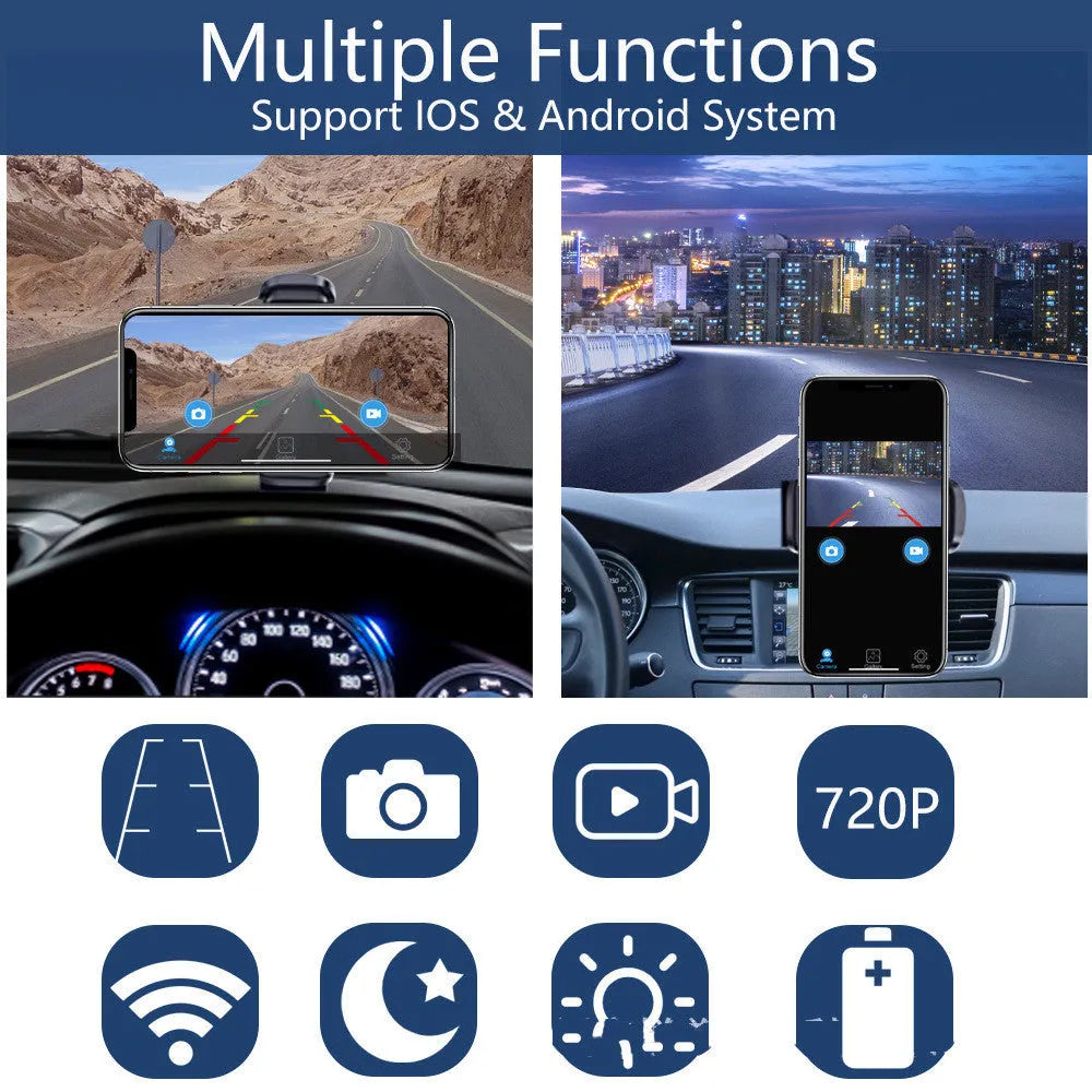 Solar-powered wireless car reversing camera with magnetic base, showing aluminum alloy housing and wide-angle lens.