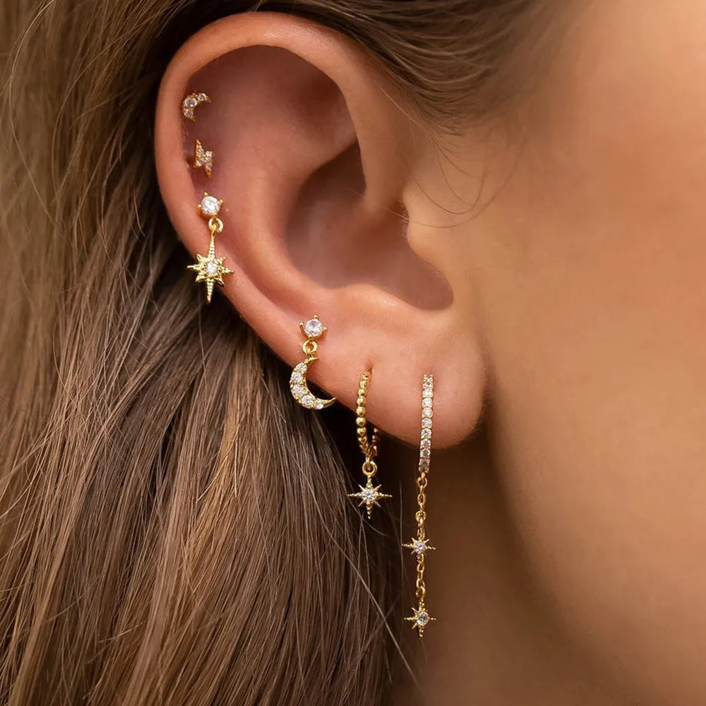 XINGX gold-colour chain tassel and zircon stud earrings set, six pieces, electroplated copper.