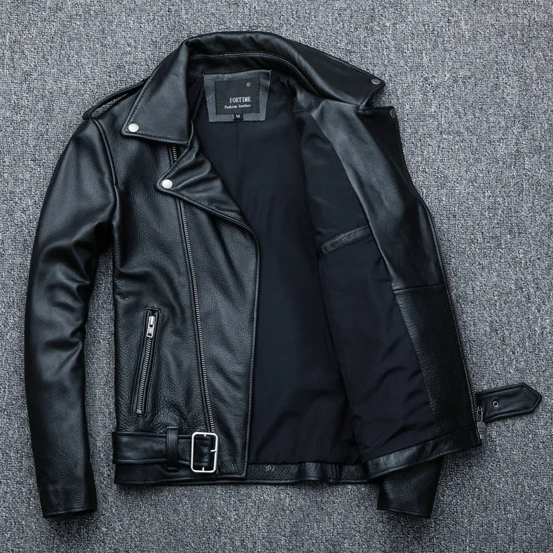 Pure cowhide black biker leather jacket with full front zipper, shown on model