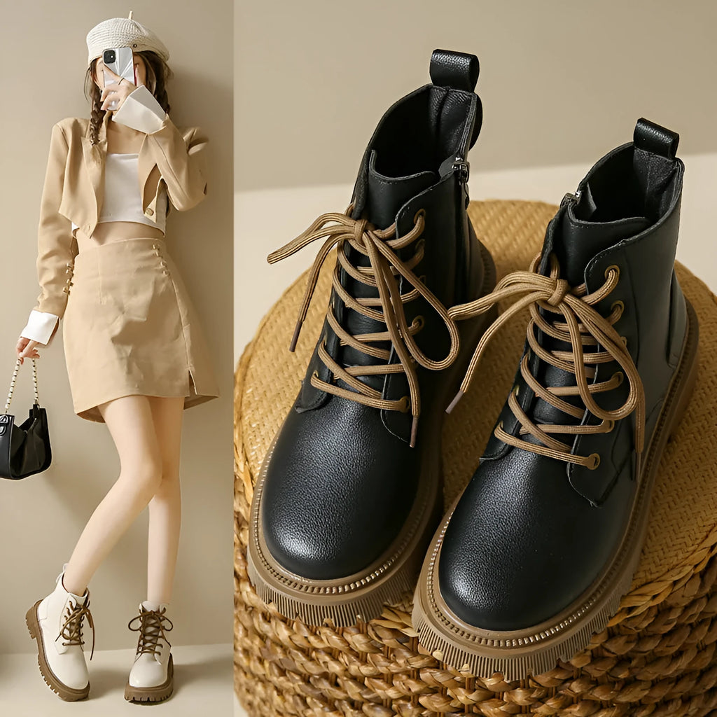 Women's winter Martin boots in beige cotton with mid heel, PU upper, and rubber sole