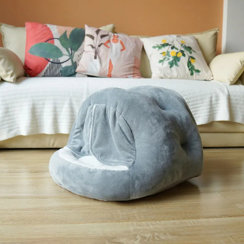 Velvet Mongolian pet bag with door curtain in grey or pink, semi-enclosed plush cat kennel supply for indoor use