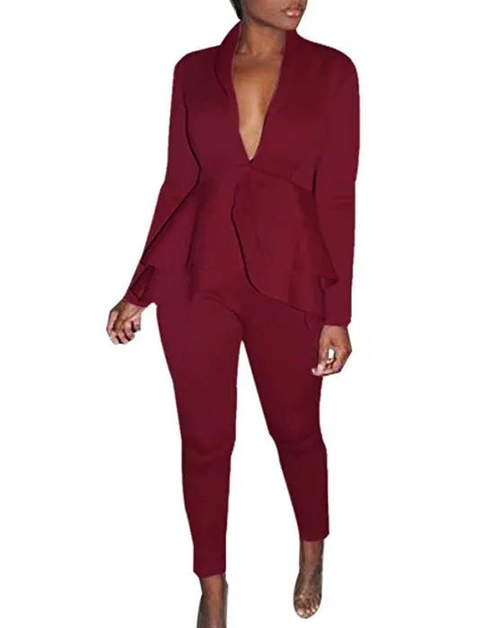Business uniform two-piece set showing ruffled top with matching pencil pants in polyester fabric