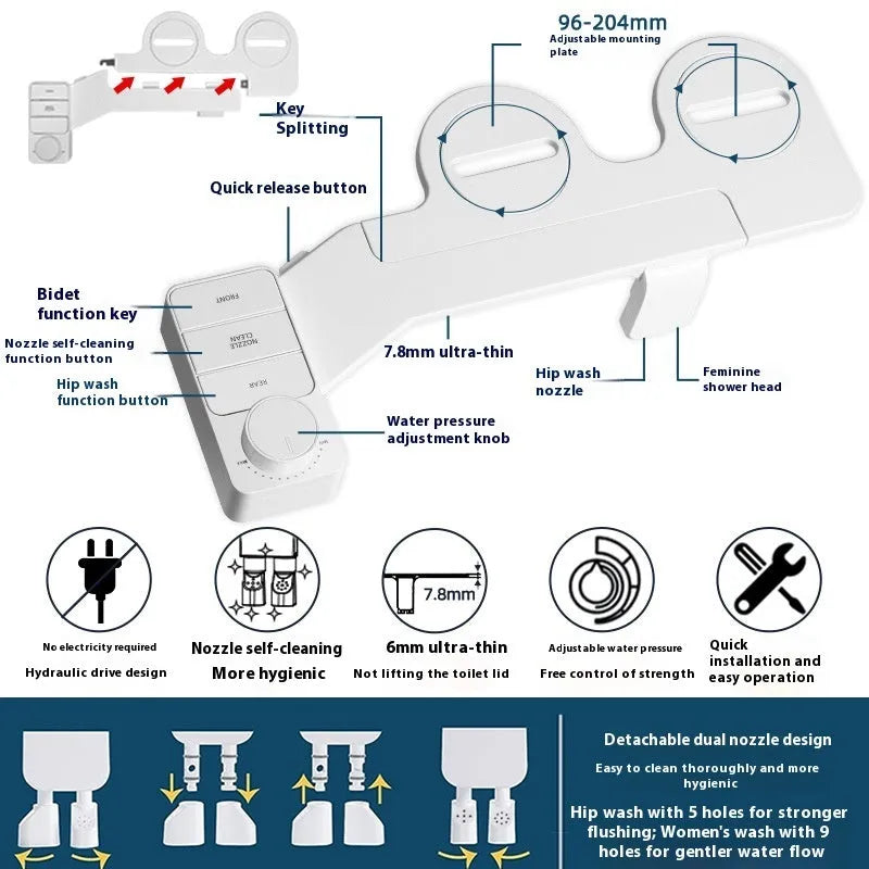 Pure white button wash cleaning tool with removable nozzle and three adaptors for AU EU US bathroom standards
