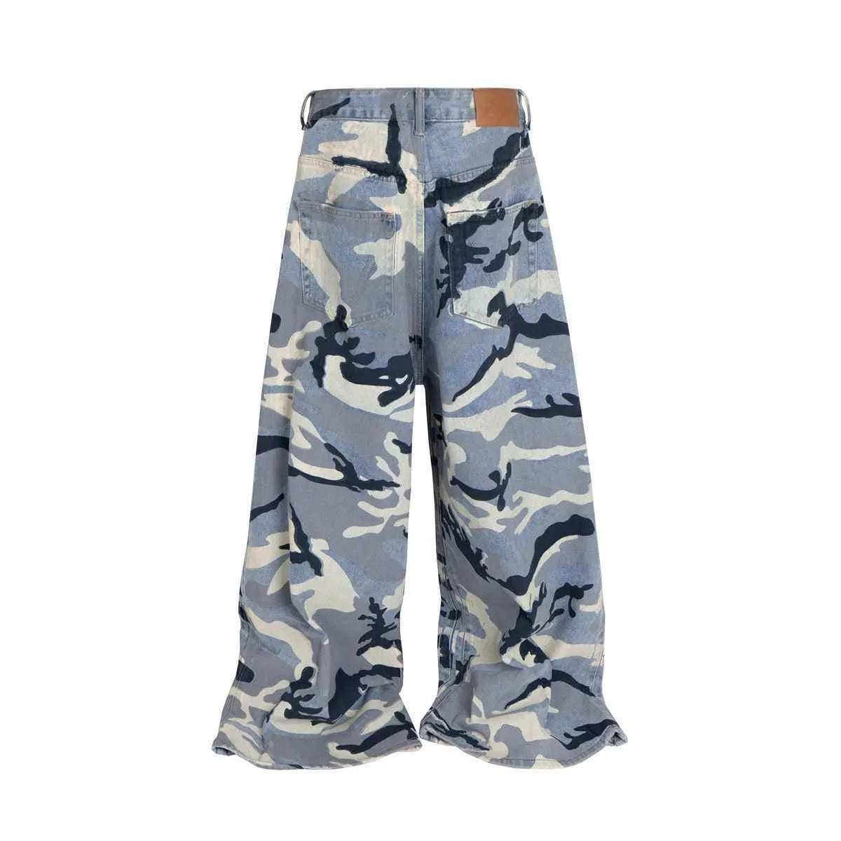 Snow camouflage blue loose fit jeans with mid-waist design and stretch denim fabric