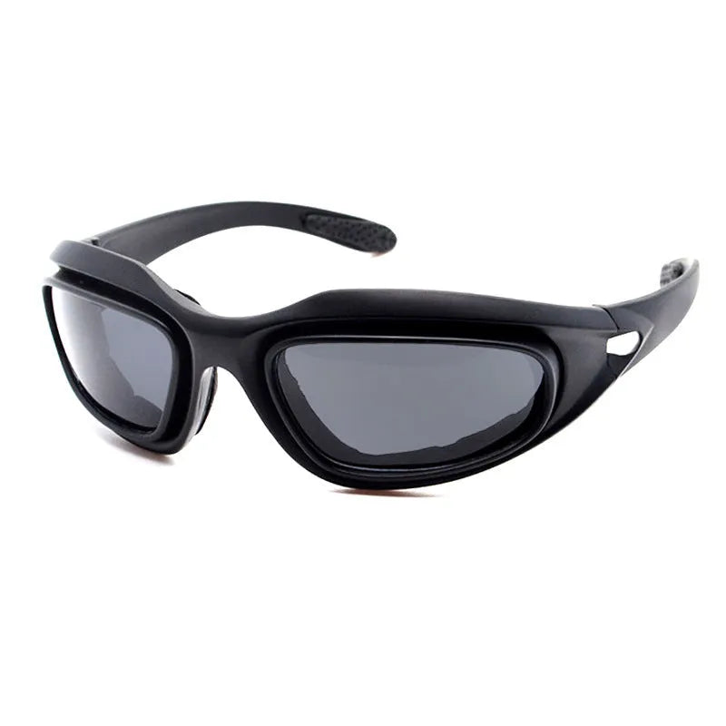 Sports sunglasses with polarized tactical lenses and a black PC full-rim frame on a grey background.