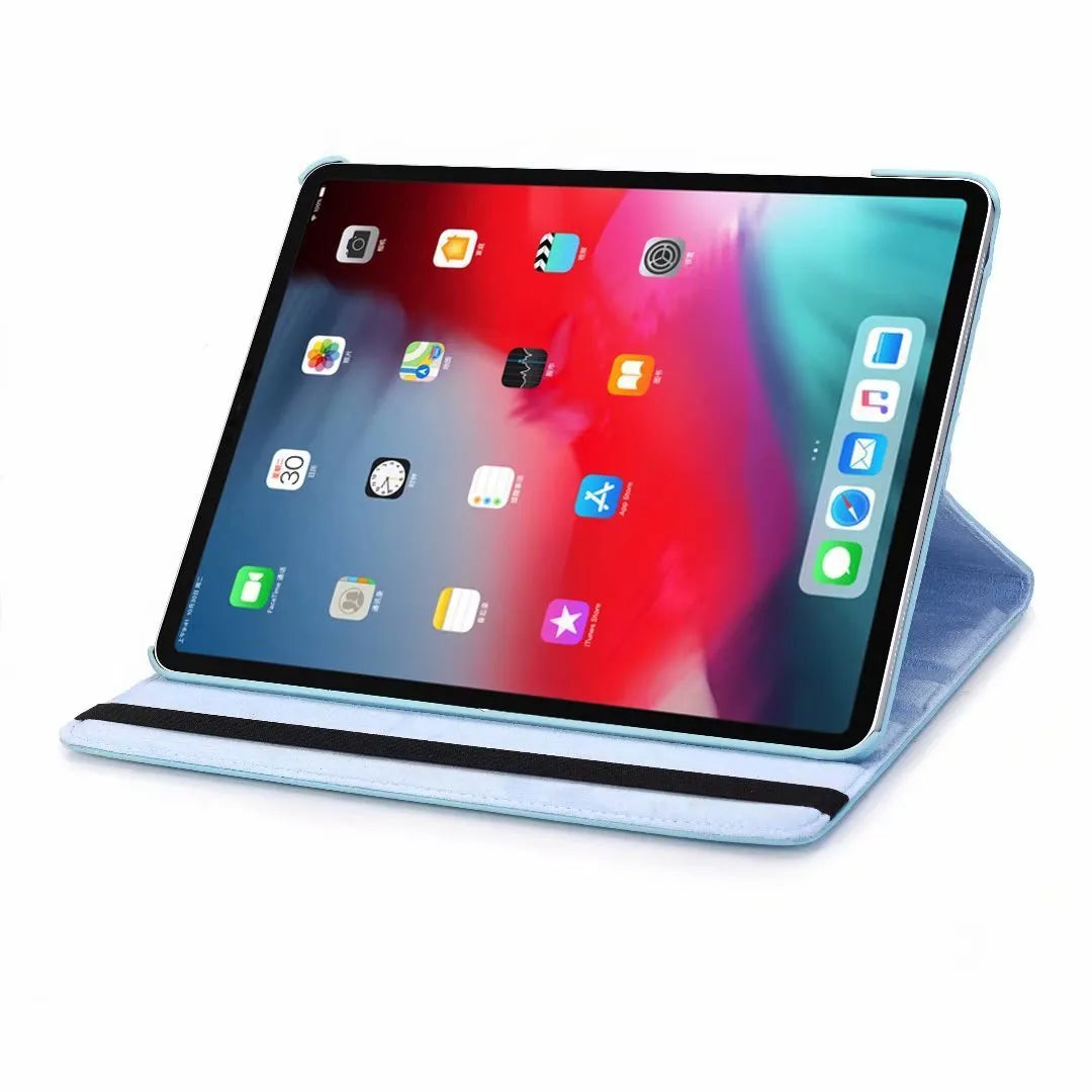 Rotating clamshell iPad protective sleeve in imitation leather, shown in rose red colour.