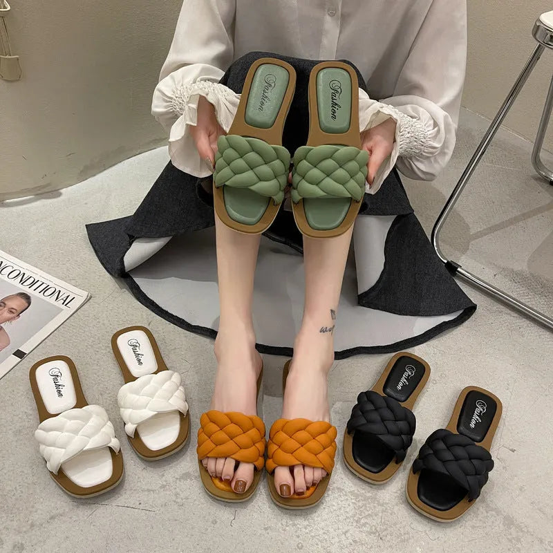 Women's plaid pattern PVC beach sandals with a thick non-slip sole in black, green, orange, or white.