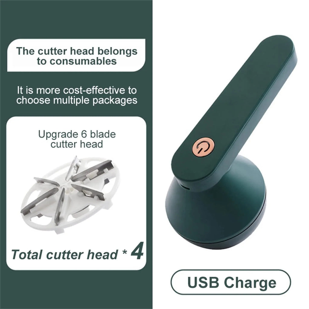 USB rechargeable electric lint remover in white or green with six-leaf stainless steel blade and lint collector container