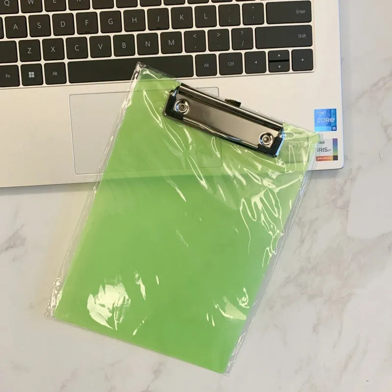 Transparent A4 plastic clipboard with metal clip in blue, green, red or white colour options