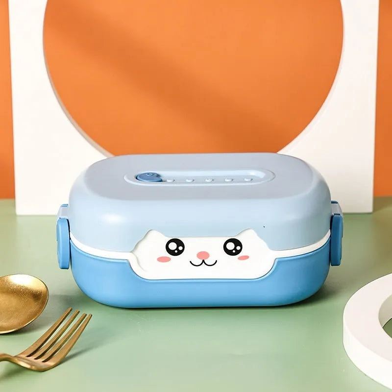 Square plastic lunch box with divided compartments in dark blue, orange yellow or pink and green colours
