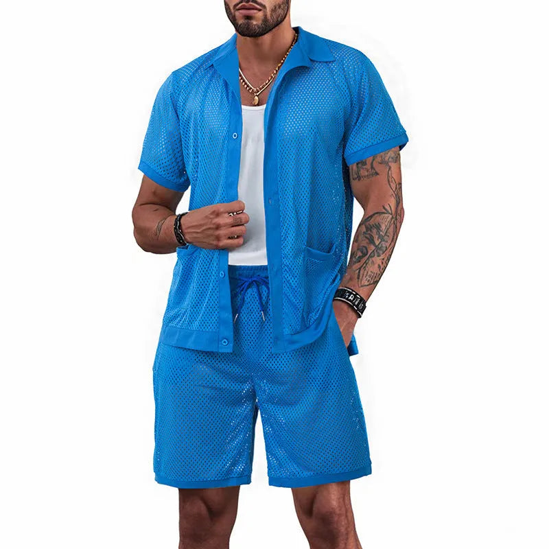 Lightweight beach cover-up cardigan and shorts set in see-through fabric for summer leisure wear