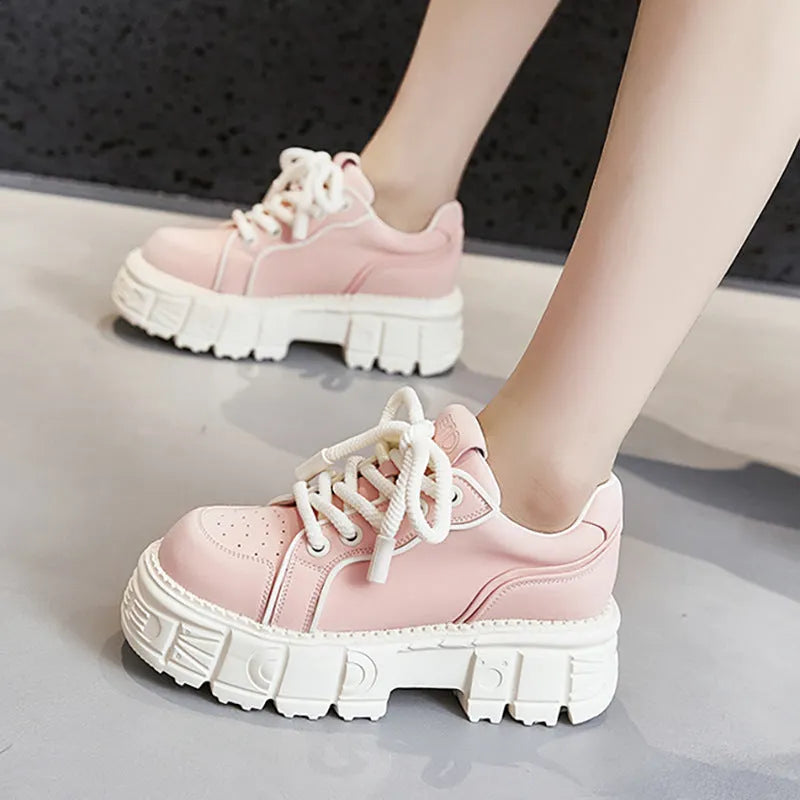 Beige and pink casual leather shoes with muffin bottom design and height increasing soles