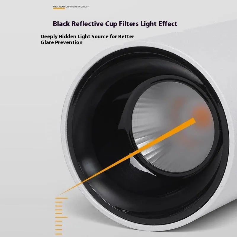 LED surface mounted spotlight in aluminium with anti-glare design, shown in all-black or white and black finish
