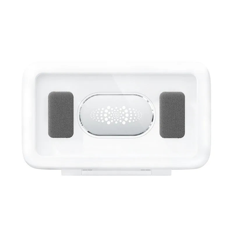 Waterproof bathroom phone case with touch screen mounted on tile, showing anti-fog window and universal phone fit