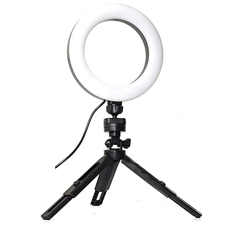 Black neutral style mobile streaming bracket with adjustable fill light on desktop tripod