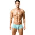 Solid colour men's nylon boxers with a mid-low waist, shown in orange, blue, green, and white.